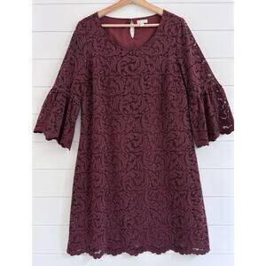 Garnet Hill Bell Sleeve Lace Dress‎ Keyhole Back Sheer Lined Size 10 Burgundy